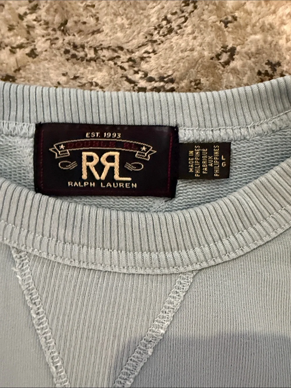 Ralph Lauren Double RL Light Blue Crewneck with Red Buffalo Outline